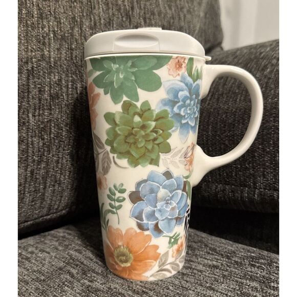 Fresh Succulents Ceramic Travel Cup With Handle - 5 x 7 x 4 Inches - Picture 1 of 3